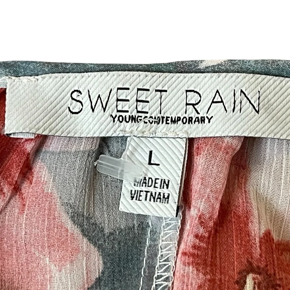 Sweet Rain Floral Chiffon Tunic L Boho Beach Cover-Up V-Neck Drawstring Waist